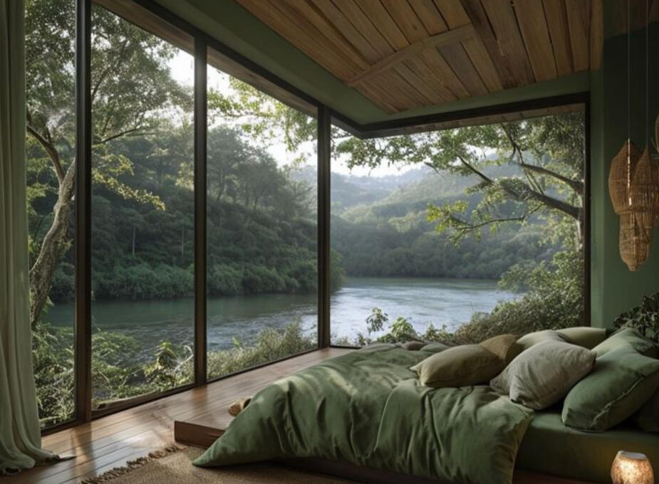 Interior of a Naturopia villa with floor-to-ceiling windows overlooking the Madeira forest